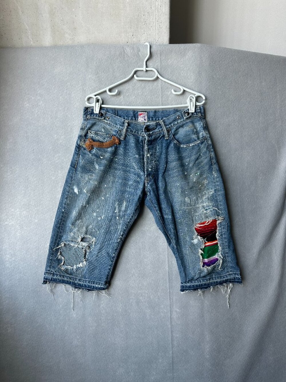 PRPS Jean Shorts Mens 32 Blue Denim Distressed Patch Paint